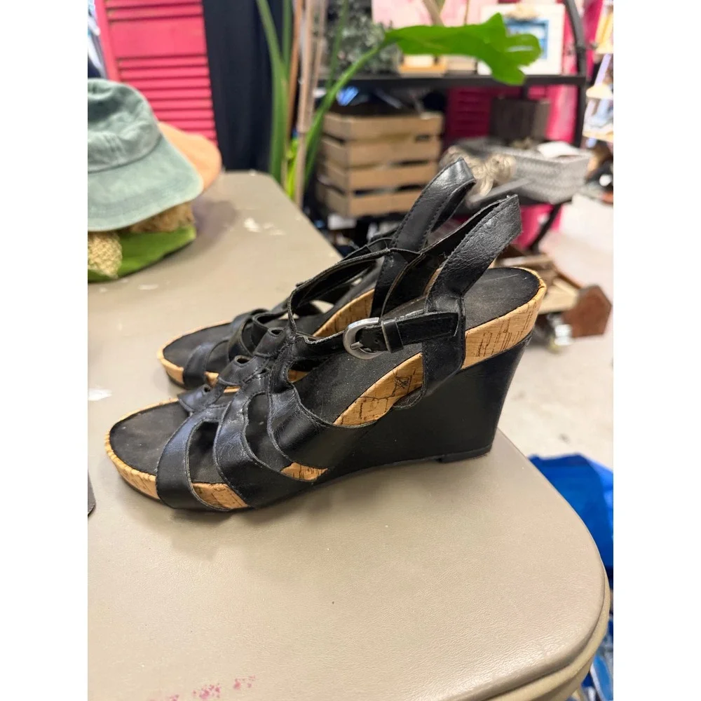 Aerosoles Black Strappy Cork Wedge Sandals Womens Size 7.5 Strappy Caged Heels